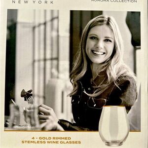 Jones New York Aurora Collection 4-15oz Gold Rim Stemless Wine Glasses